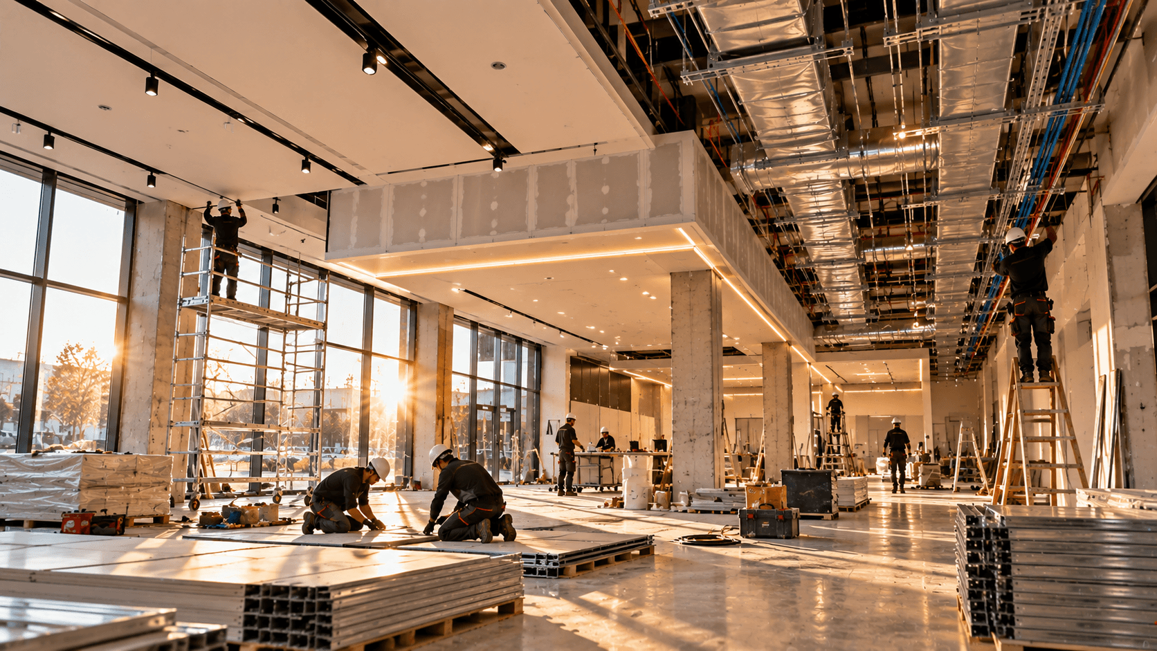 Immagine illustrativa: cantiere di allestimento di uno spazio retail con impianti a vista